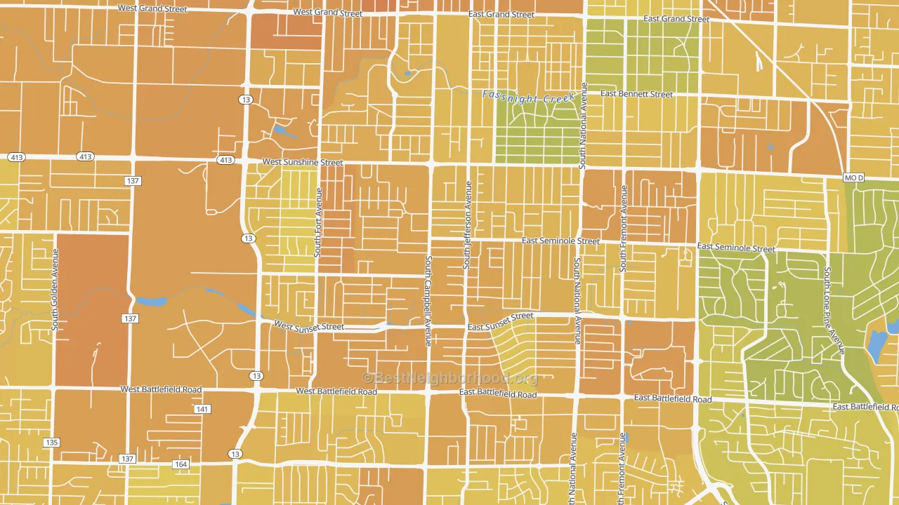 Map of the best neighborhoods in the Seminole Holland, Springfield area, with better matches in green and worse matches in red