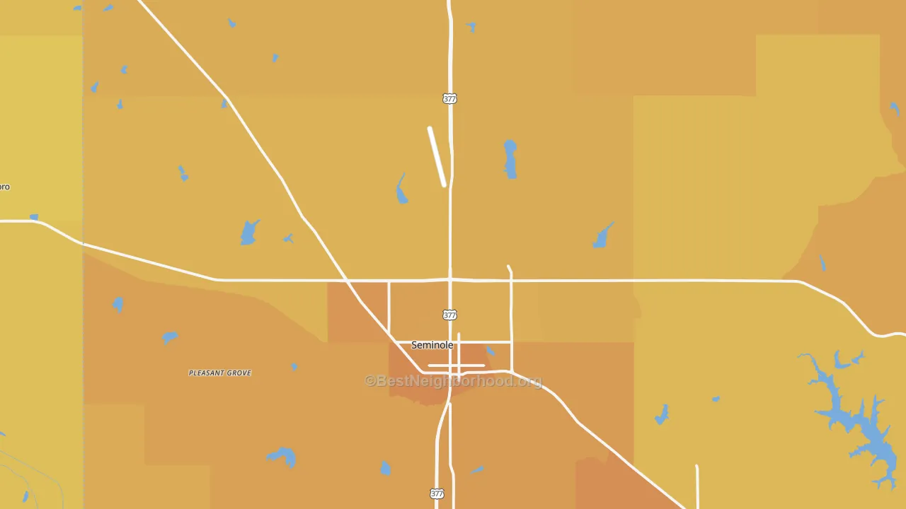 Map of the best neighborhoods in the Seminole area, with better matches in green and worse matches in red