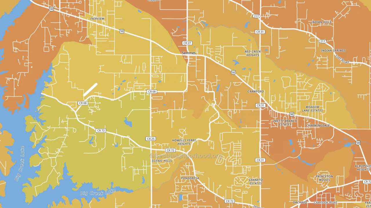 Map of the best neighborhoods in the Semmes area, with better matches in green and worse matches in red