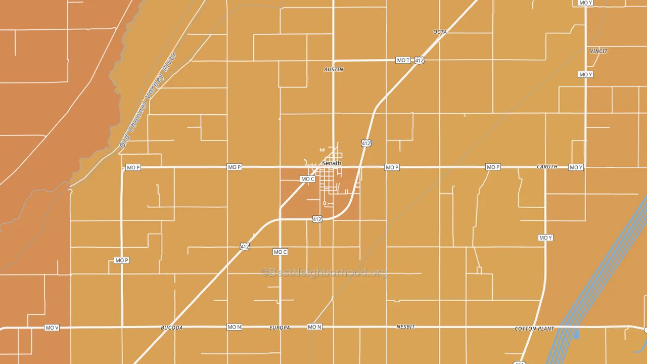 Map of the best neighborhoods in the Senath area, with better matches in green and worse matches in red