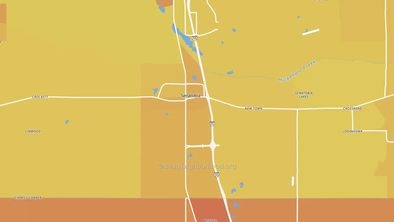 Map of the best neighborhoods in the Senatobia area, with better matches in green and worse matches in red
