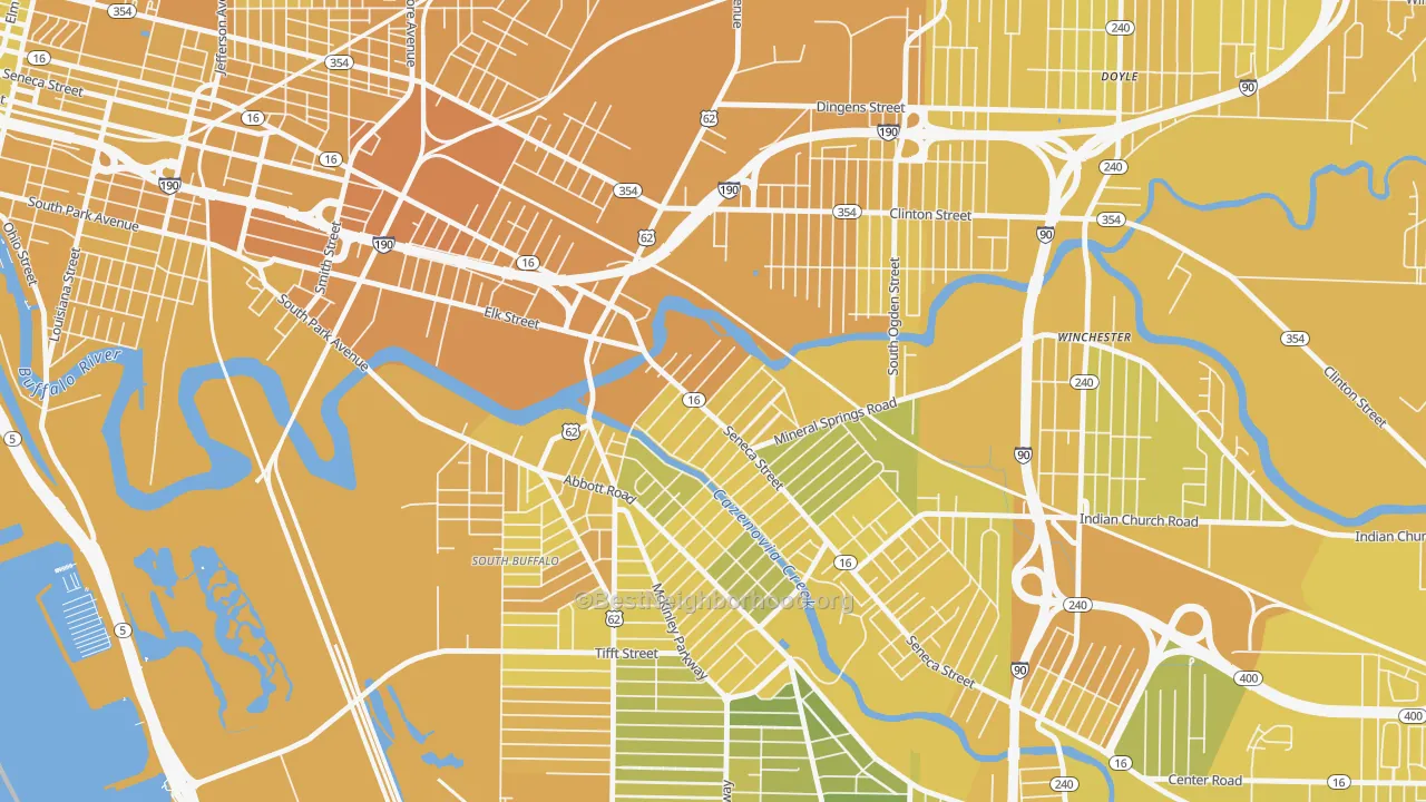 Map of the best neighborhoods in the Seneca, Buffalo area, with better matches in green and worse matches in red