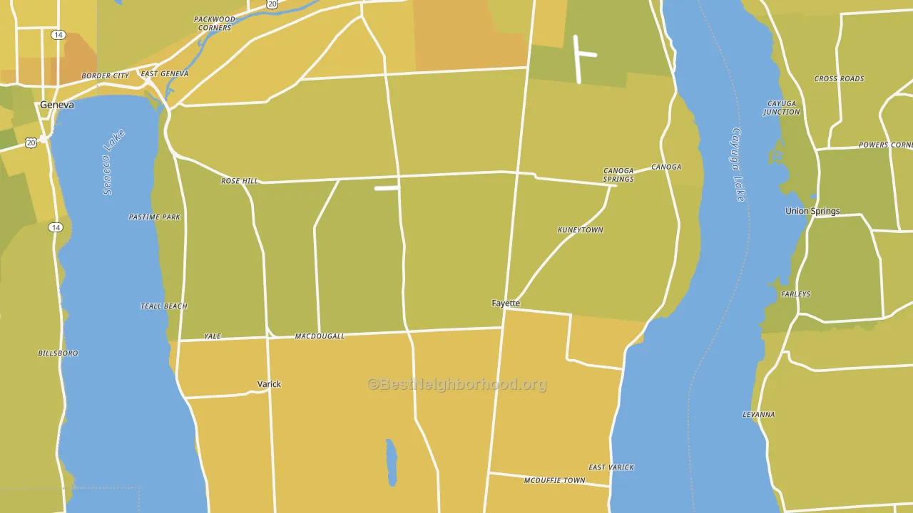 Map of the best neighborhoods in the Seneca County area, with better matches in green and worse matches in red