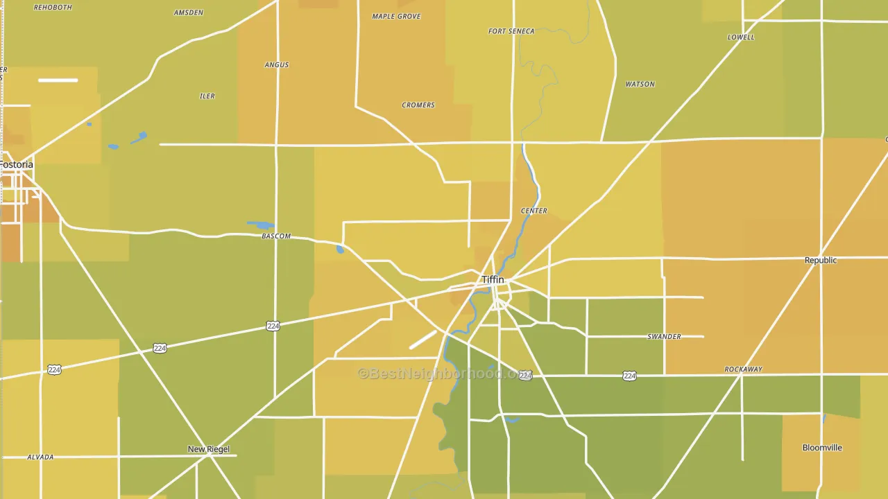 Map of the best neighborhoods in the Seneca County area, with better matches in green and worse matches in red