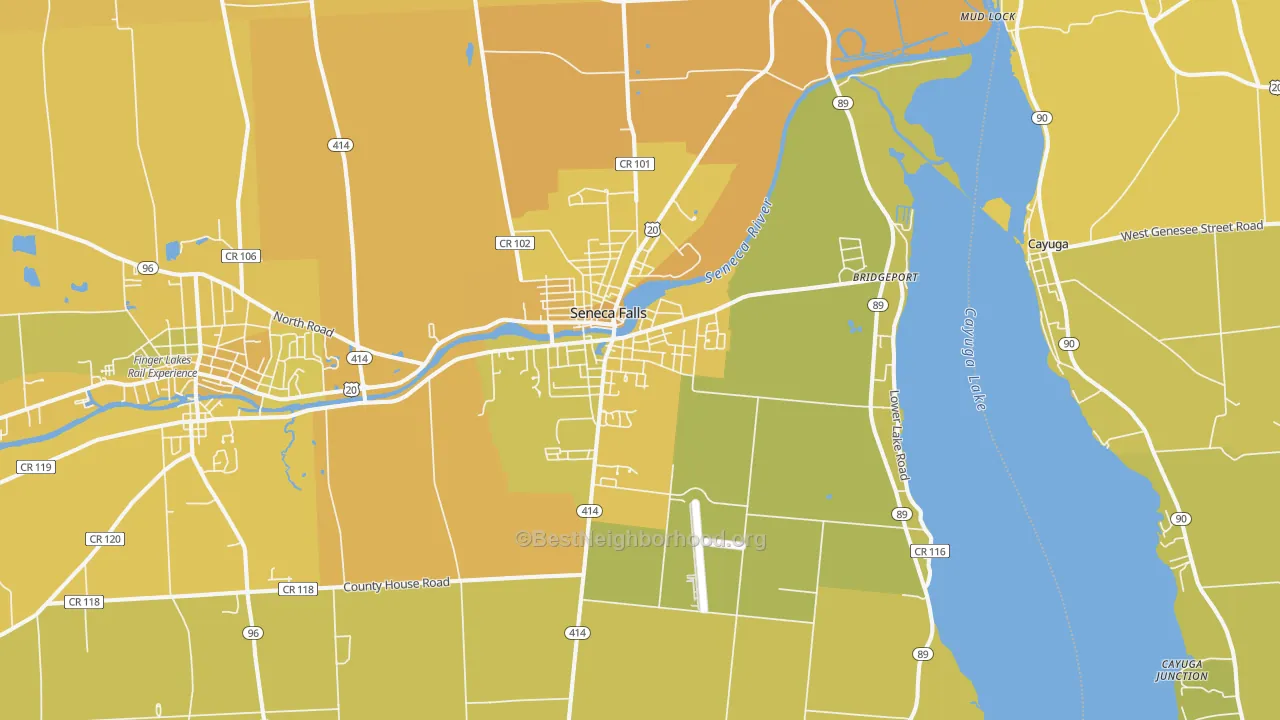 Map of the best neighborhoods in the Seneca Falls area, with better matches in green and worse matches in red