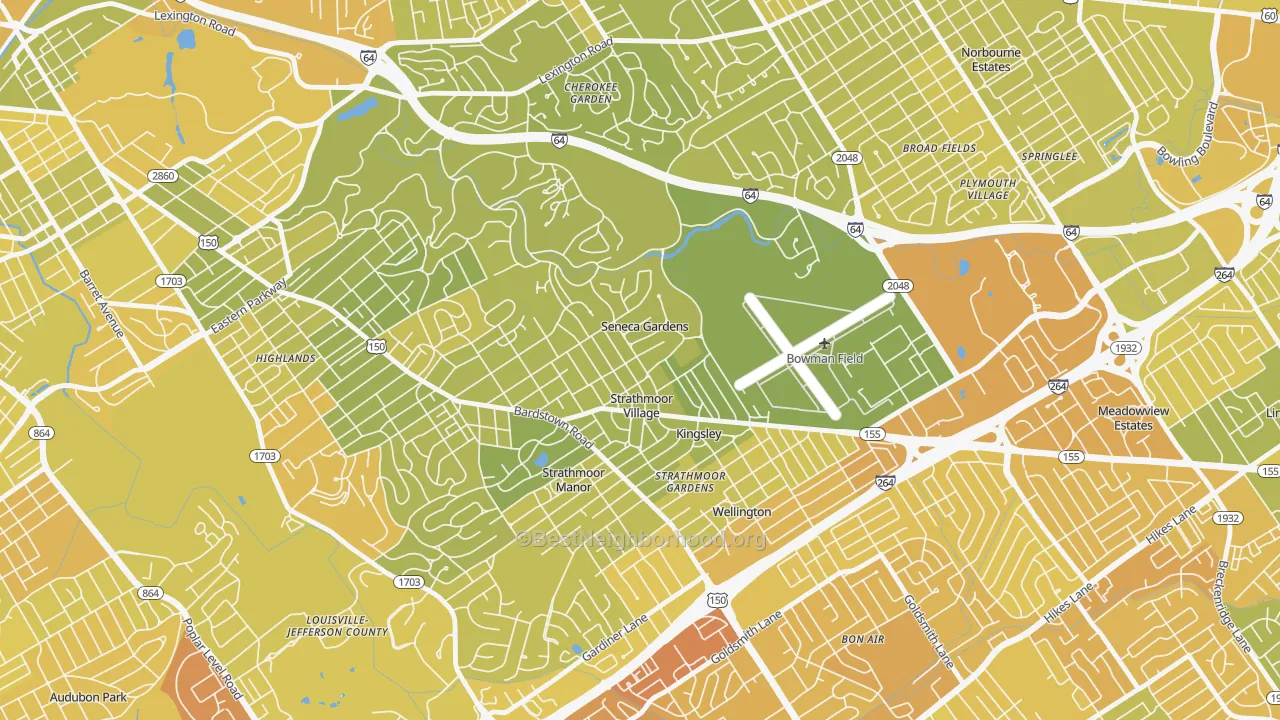 Map of the best neighborhoods in the Seneca Gardens area, with better matches in green and worse matches in red
