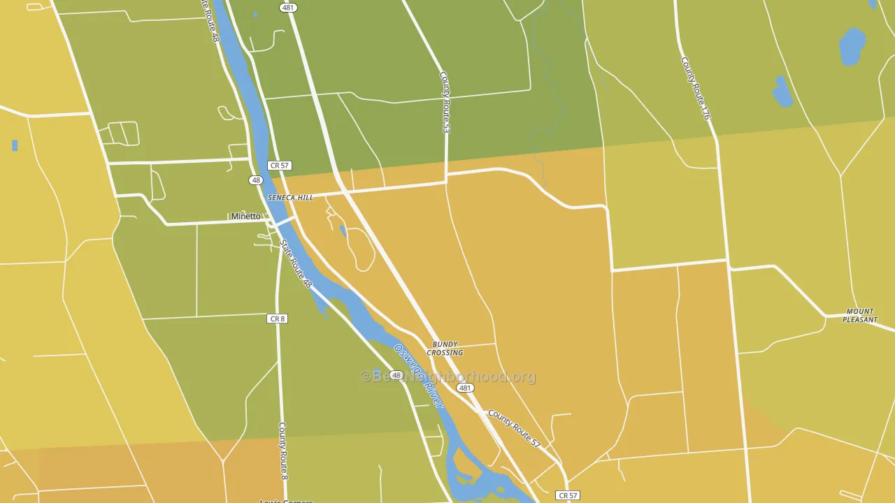 Map of the best neighborhoods in the Seneca Hill area, with better matches in green and worse matches in red