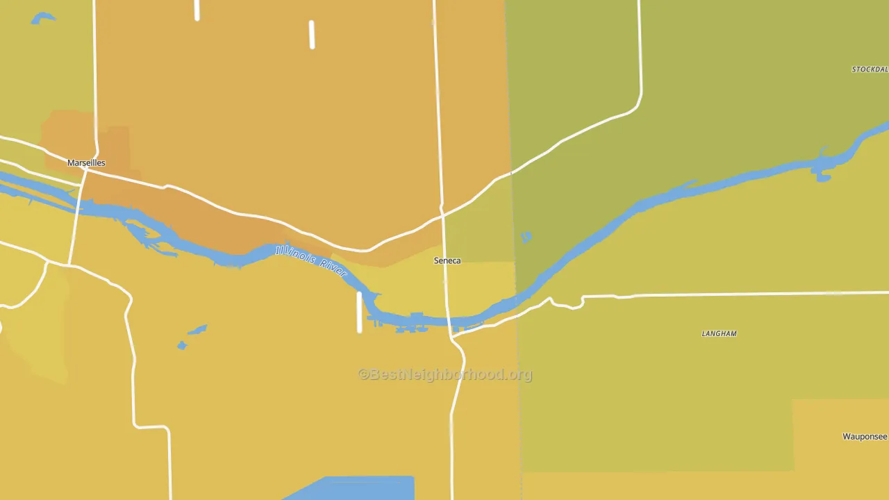 Map of the best neighborhoods in the Seneca area, with better matches in green and worse matches in red