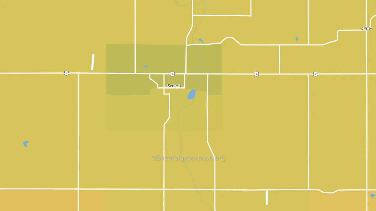 Map of the best neighborhoods in the Seneca area, with better matches in green and worse matches in red