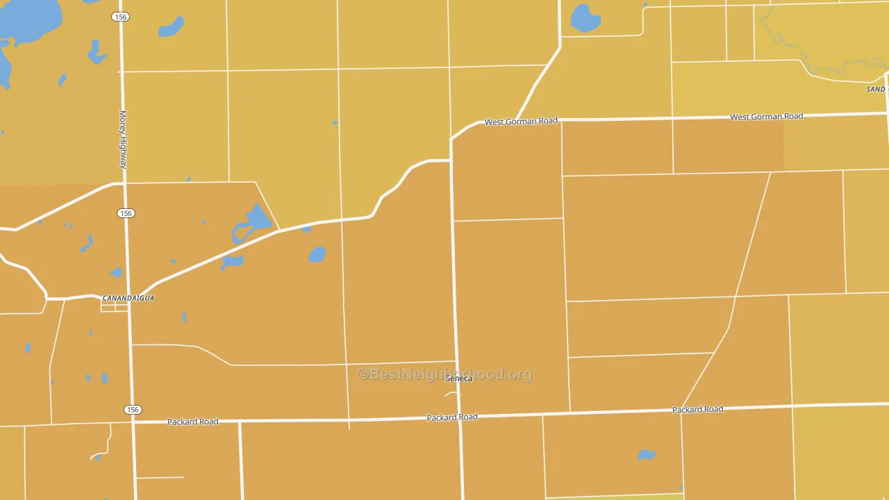 Map of the best neighborhoods in the Seneca area, with better matches in green and worse matches in red