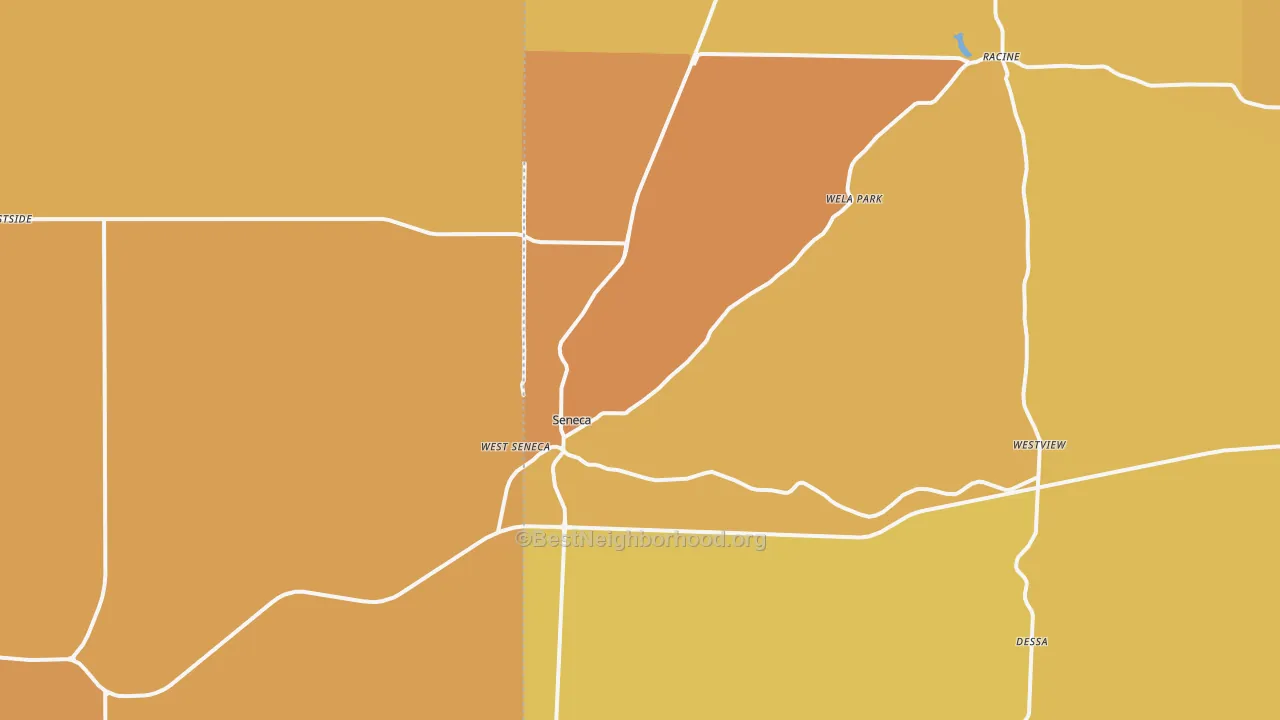 Map of the best neighborhoods in the Seneca area, with better matches in green and worse matches in red