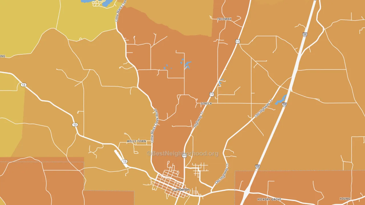 Map of the best neighborhoods in the Seneca area, with better matches in green and worse matches in red