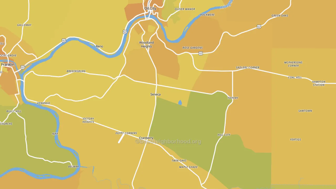 Map of the best neighborhoods in the Seneca area, with better matches in green and worse matches in red