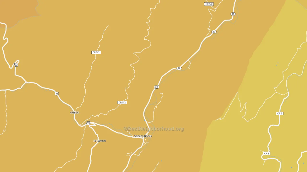 Map of the best neighborhoods in the Seneca Rocks area, with better matches in green and worse matches in red