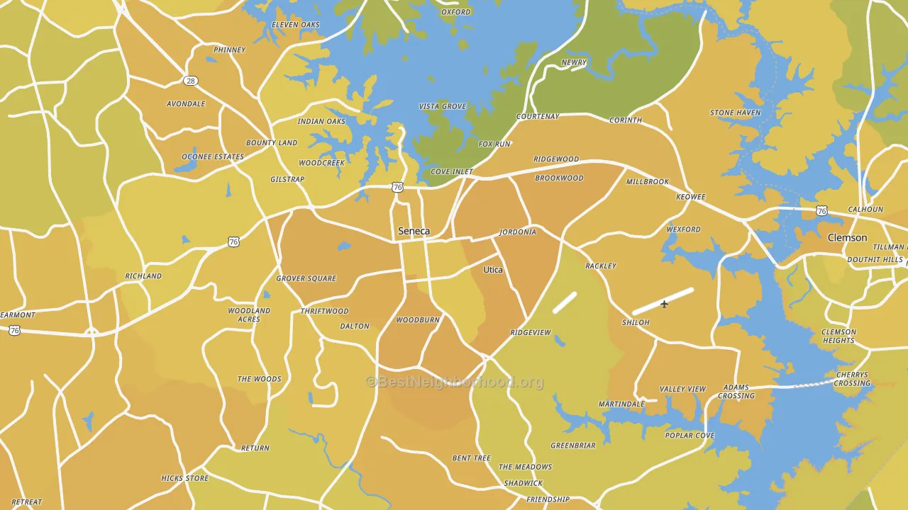 Map of the best neighborhoods in the Seneca area, with better matches in green and worse matches in red