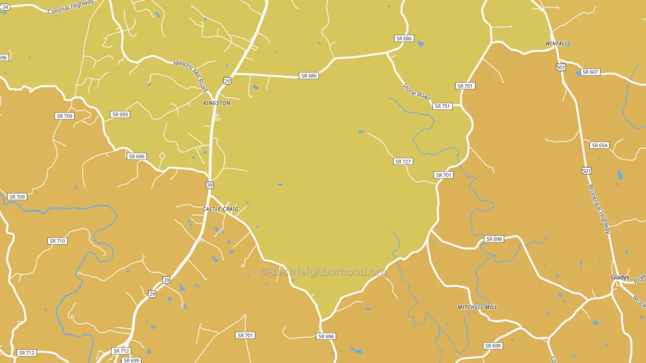 Map of the best neighborhoods in the Seneca area, with better matches in green and worse matches in red