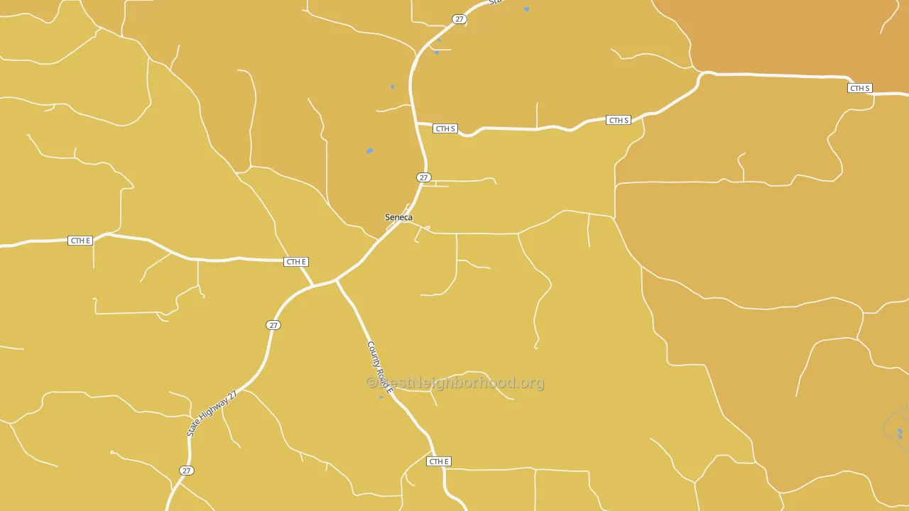 Map of the best neighborhoods in the Seneca area, with better matches in green and worse matches in red