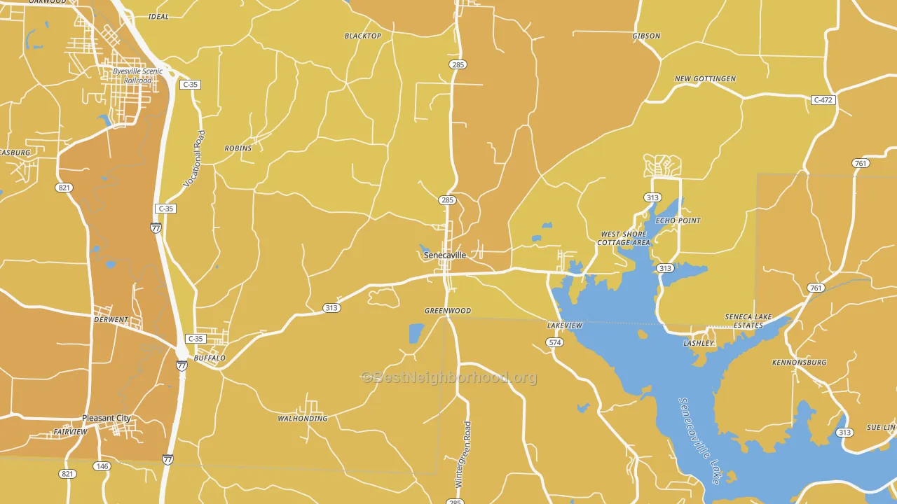 Map of the best neighborhoods in the Senecaville area, with better matches in green and worse matches in red
