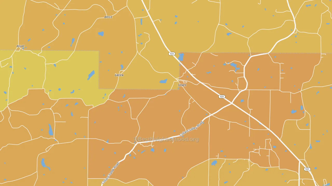 Map of the best neighborhoods in the Seney area, with better matches in green and worse matches in red