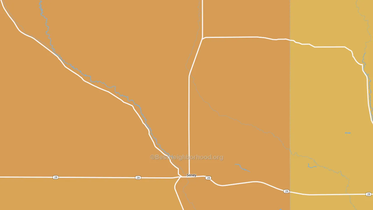 Map of the best neighborhoods in the Seney area, with better matches in green and worse matches in red