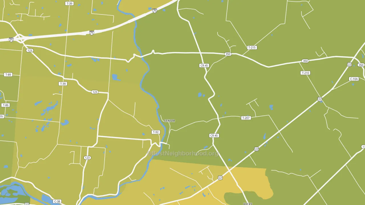 Map of the best neighborhoods in the Senior area, with better matches in green and worse matches in red