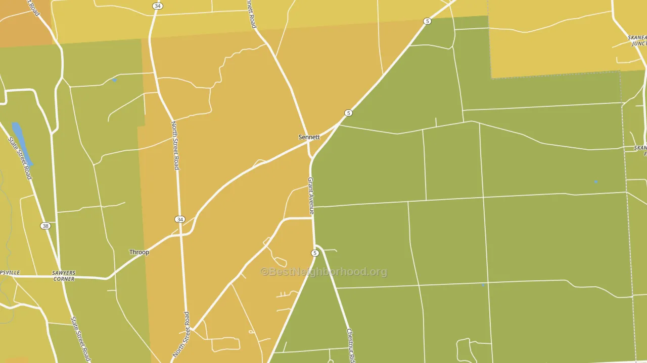 Map of the best neighborhoods in the Sennett area, with better matches in green and worse matches in red