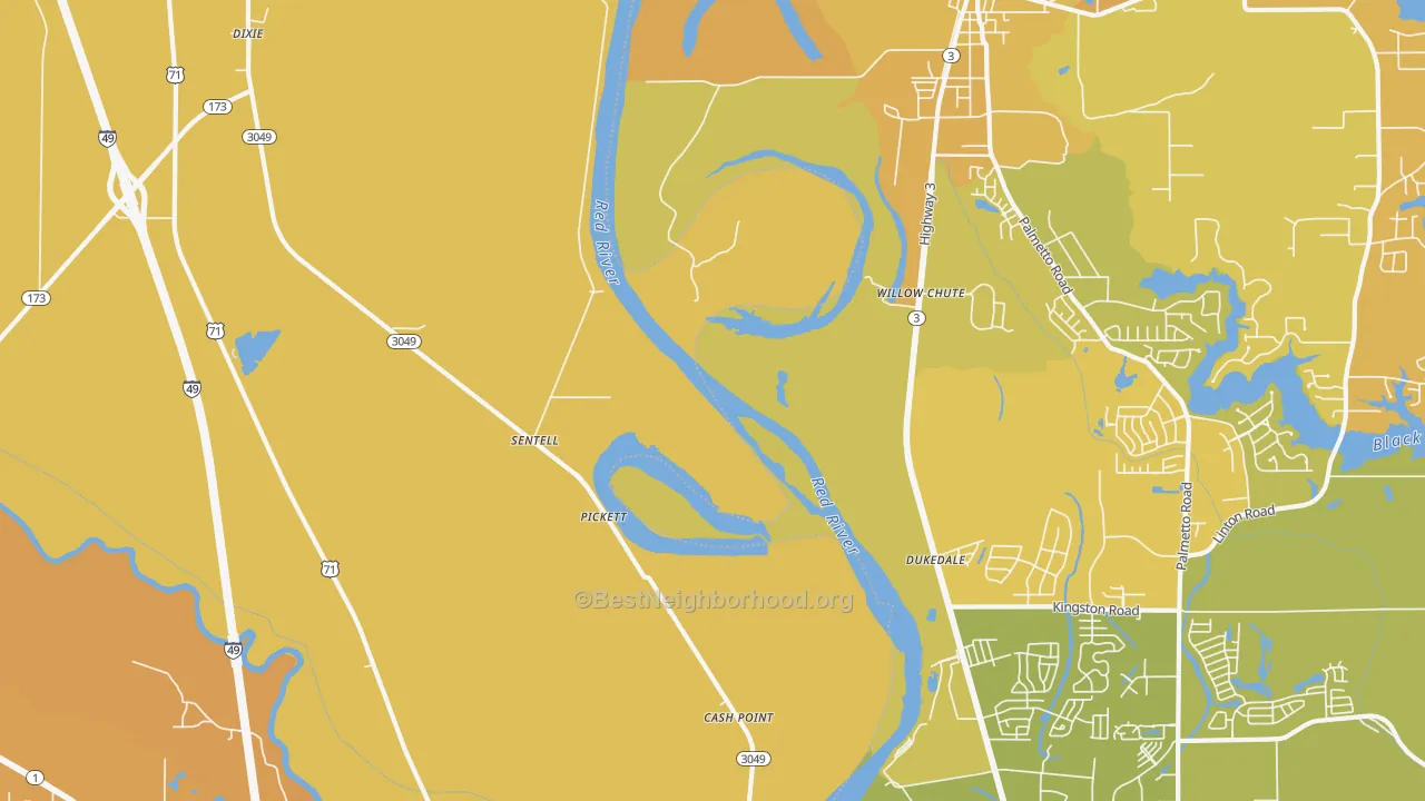 Map of the best neighborhoods in the Sentell area, with better matches in green and worse matches in red