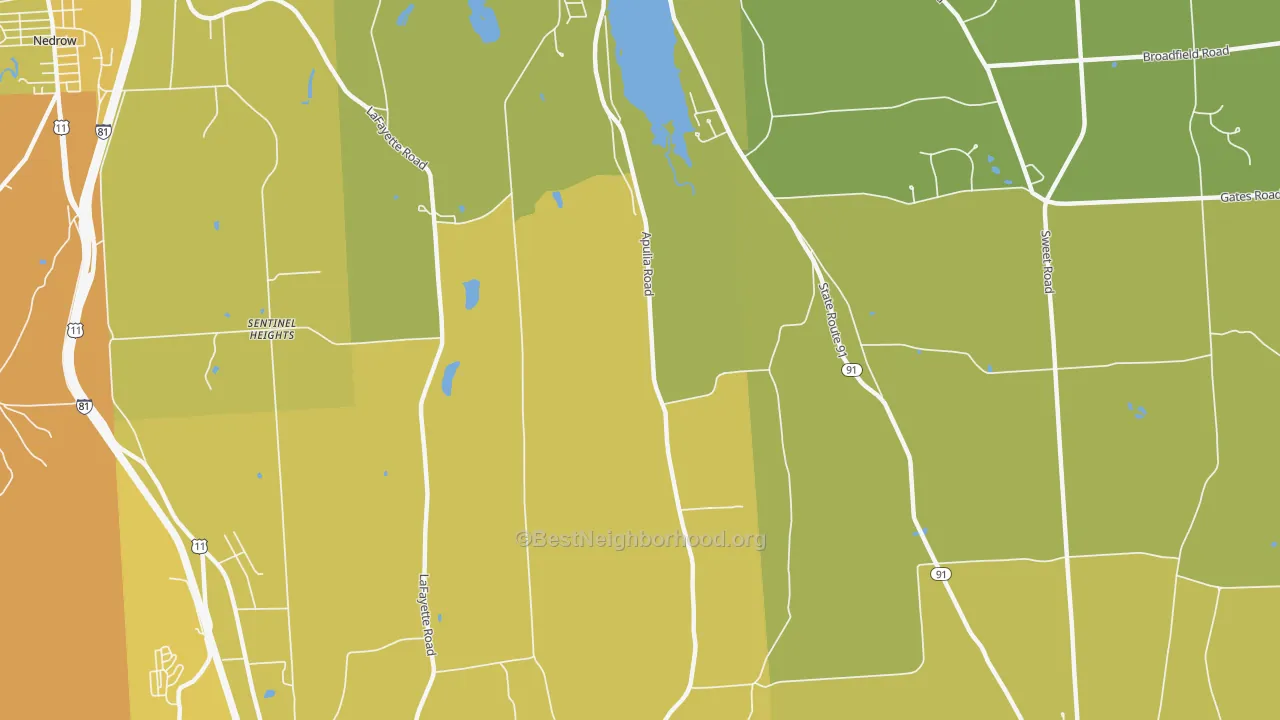 Map of the best neighborhoods in the Sentinel Heights area, with better matches in green and worse matches in red