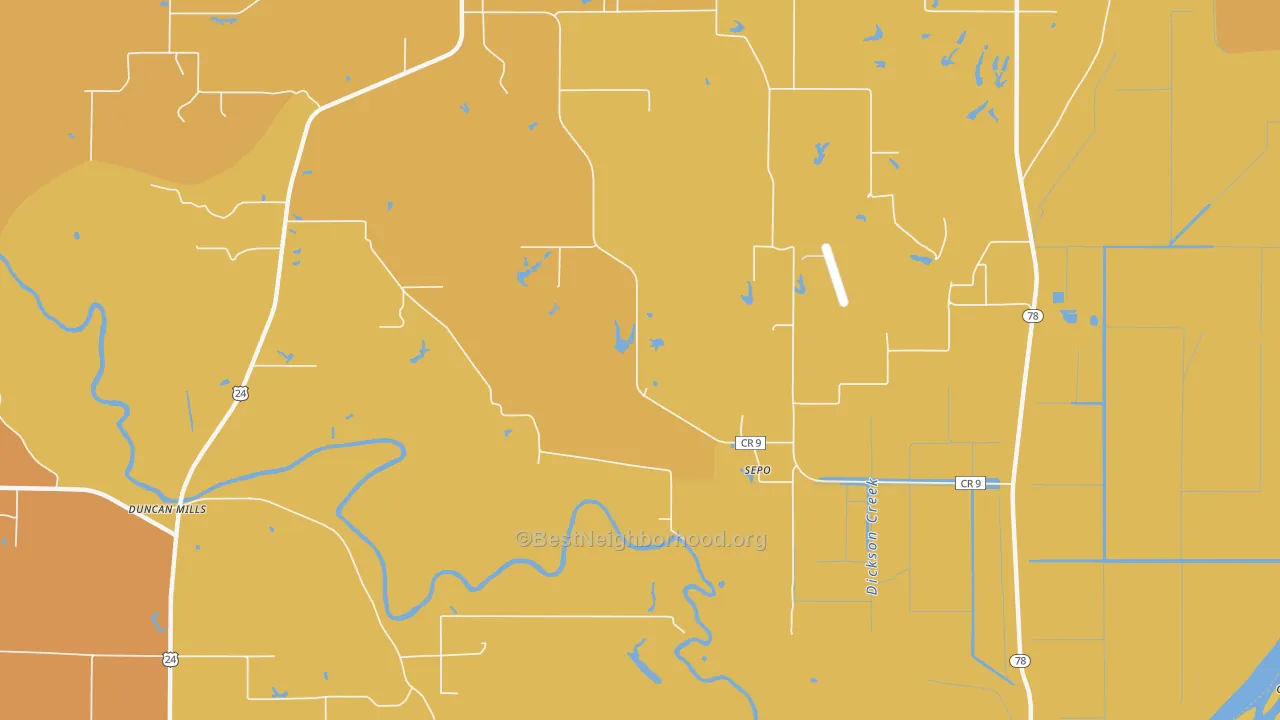 Map of the best neighborhoods in the Sepo area, with better matches in green and worse matches in red