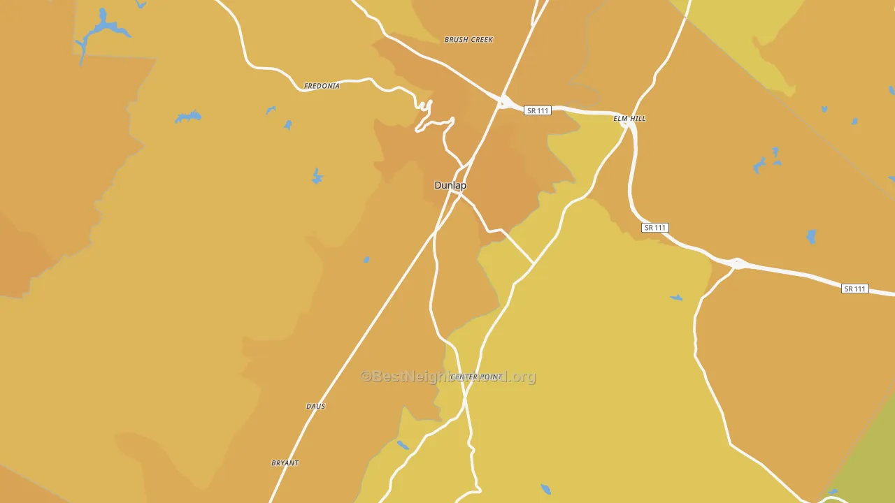 Map of the best neighborhoods in the Sequatchie County area, with better matches in green and worse matches in red