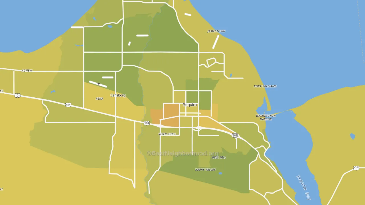 Map of the best neighborhoods in the Sequim area, with better matches in green and worse matches in red