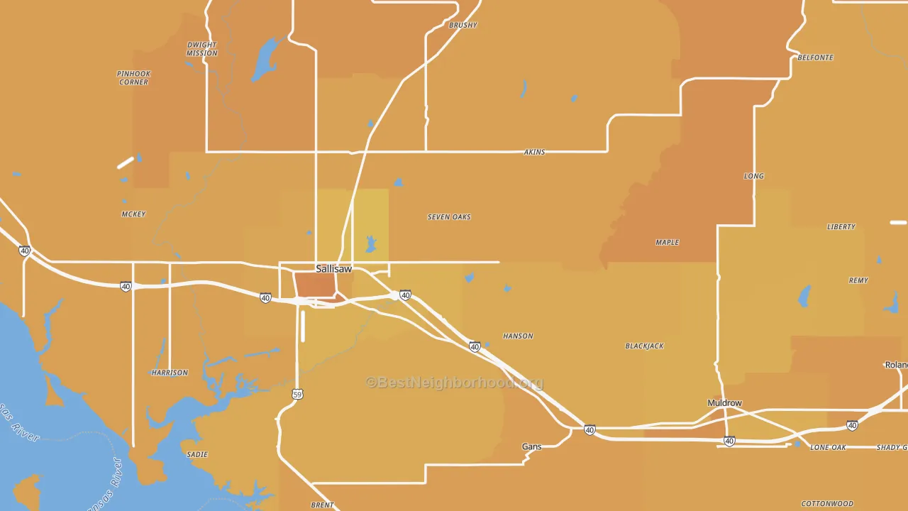 Map of the best neighborhoods in the Sequoyah County area, with better matches in green and worse matches in red