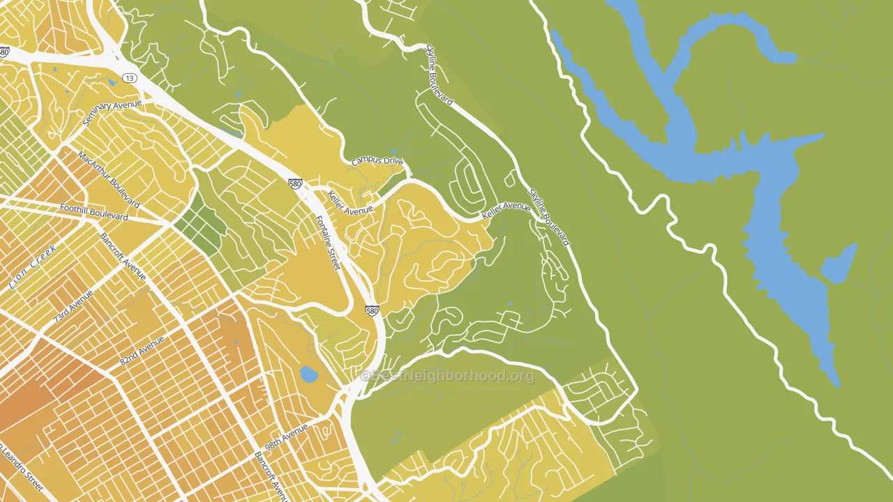 Map of the best neighborhoods in the Sequoyah, Oakland area, with better matches in green and worse matches in red