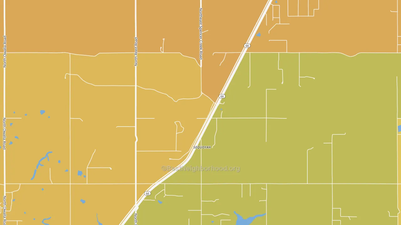 Map of the best neighborhoods in the Sequoyah area, with better matches in green and worse matches in red
