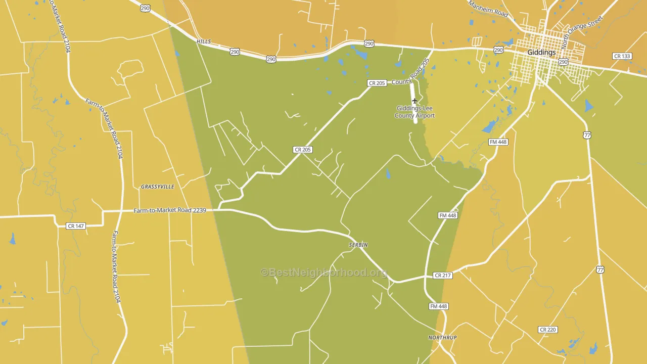 Map of the best neighborhoods in the Serbin area, with better matches in green and worse matches in red