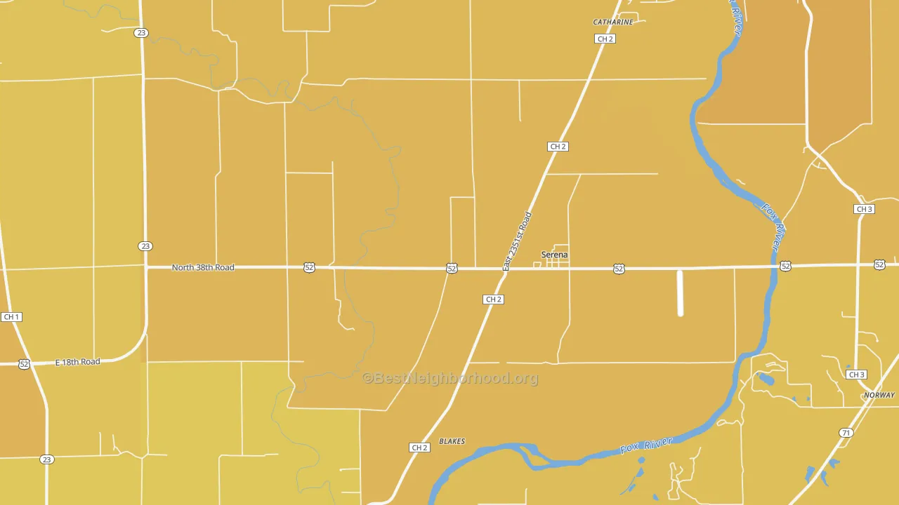 Map of the best neighborhoods in the Serena area, with better matches in green and worse matches in red