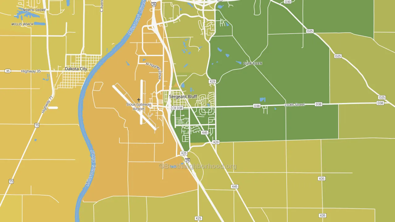 Map of the best neighborhoods in the Sergeant Bluff area, with better matches in green and worse matches in red