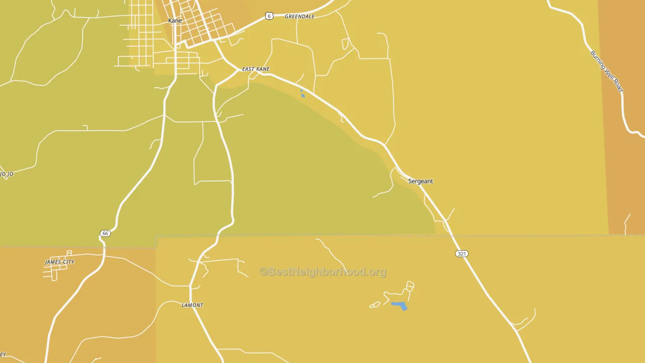 Map of the best neighborhoods in the Sergeant area, with better matches in green and worse matches in red