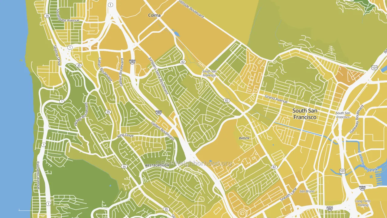 Map of the best neighborhoods in the Serra Highlands, South San Francisco area, with better matches in green and worse matches in red