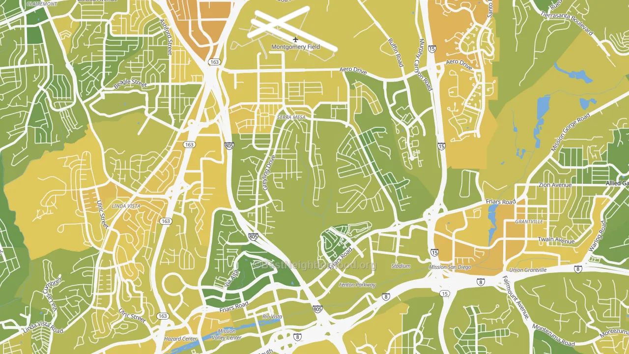 Map of the best neighborhoods in the Serra Mesa, San Diego area, with better matches in green and worse matches in red
