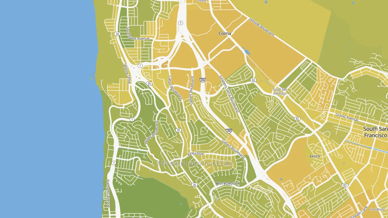 Map of the best neighborhoods in the Serramonte, Daly City area, with better matches in green and worse matches in red