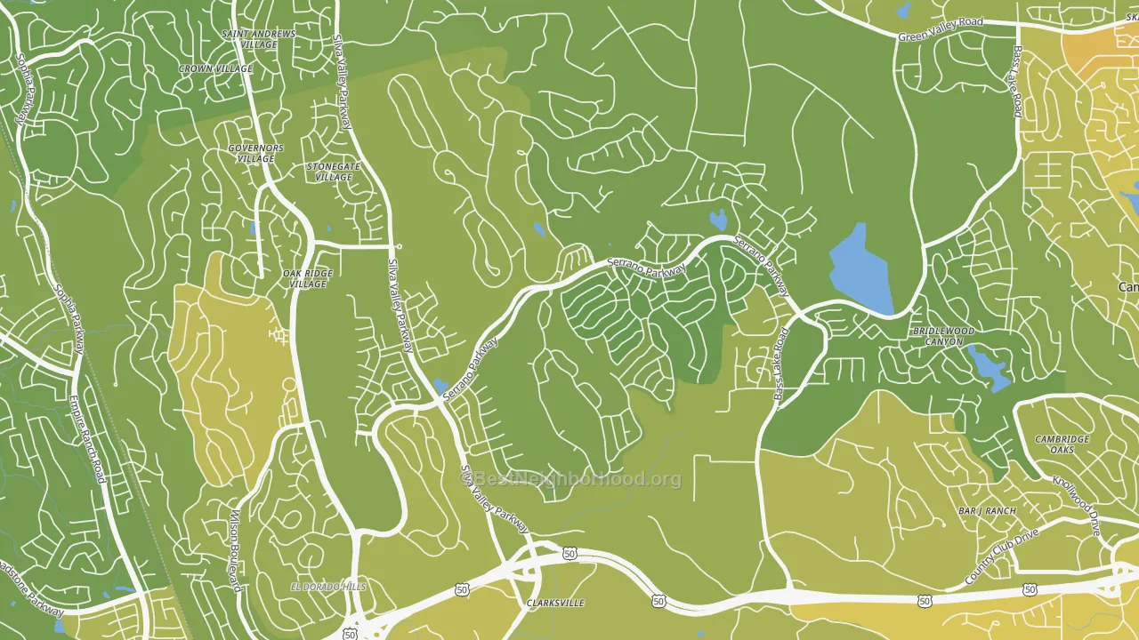 Map of the best neighborhoods in the Serrano Village, El Dorado Hills area, with better matches in green and worse matches in red