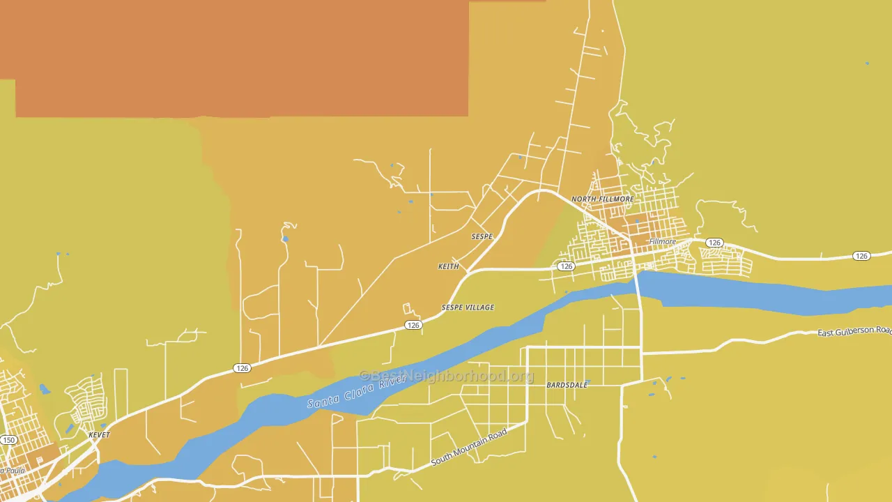 Map of the best neighborhoods in the Sespe area, with better matches in green and worse matches in red