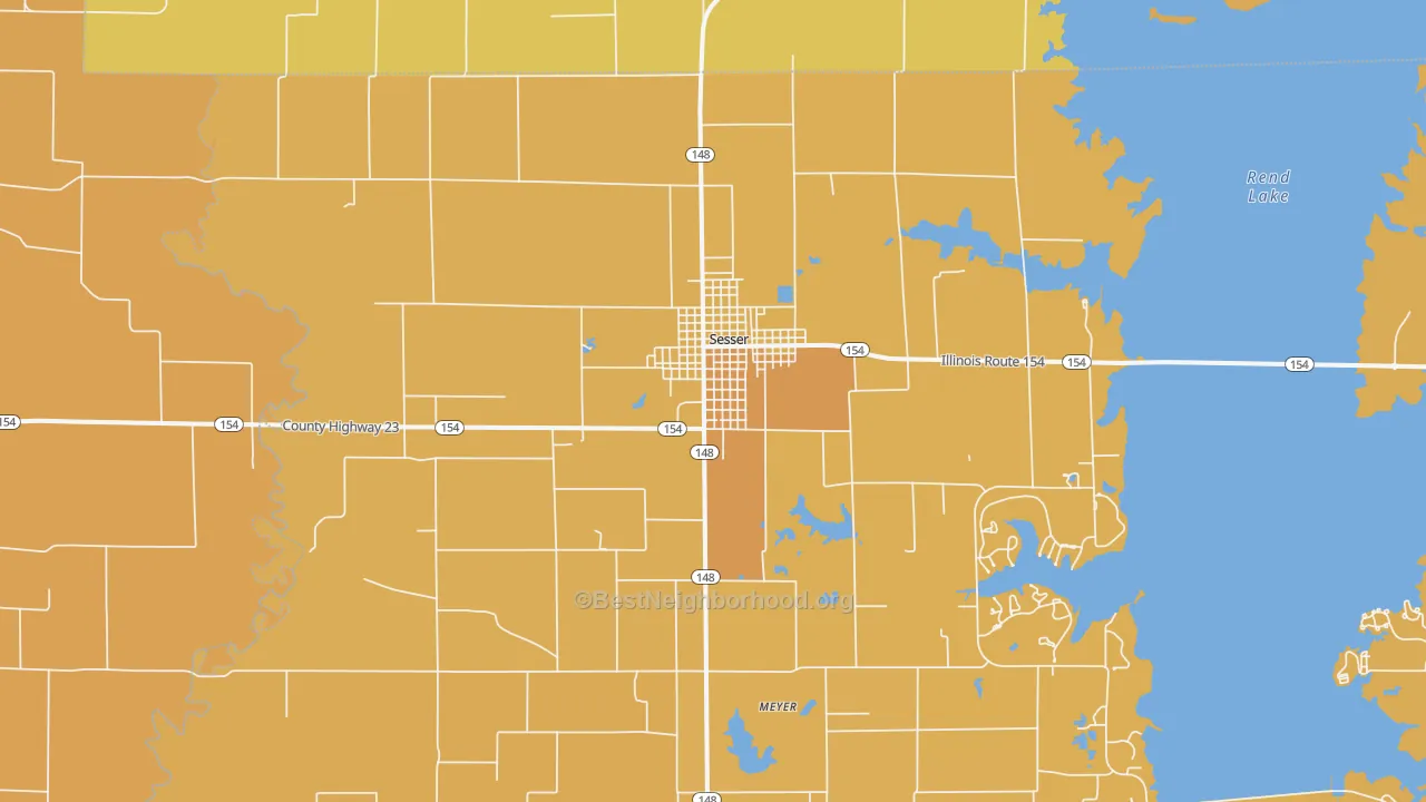Map of the best neighborhoods in the Sesser area, with better matches in green and worse matches in red