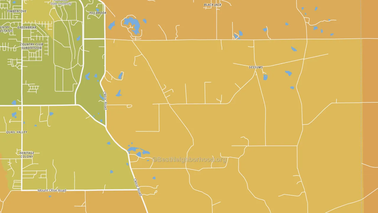 Map of the best neighborhoods in the Sessums area, with better matches in green and worse matches in red