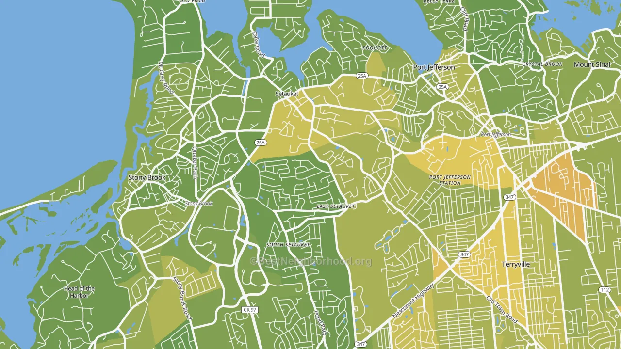 Map of the best neighborhoods in the Setauket-East Setauket area, with better matches in green and worse matches in red