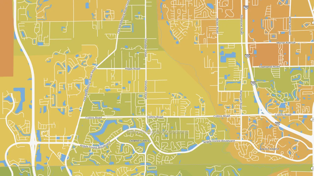 Map of the best neighborhoods in the Settlers Landing, Jacksonville area, with better matches in green and worse matches in red