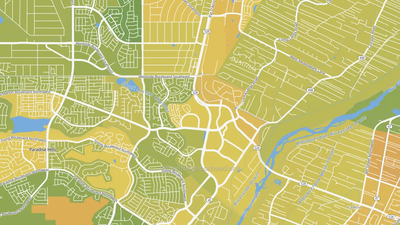 Map of the best neighborhoods in the Seven Bar Ranch, Albuquerque area, with better matches in green and worse matches in red