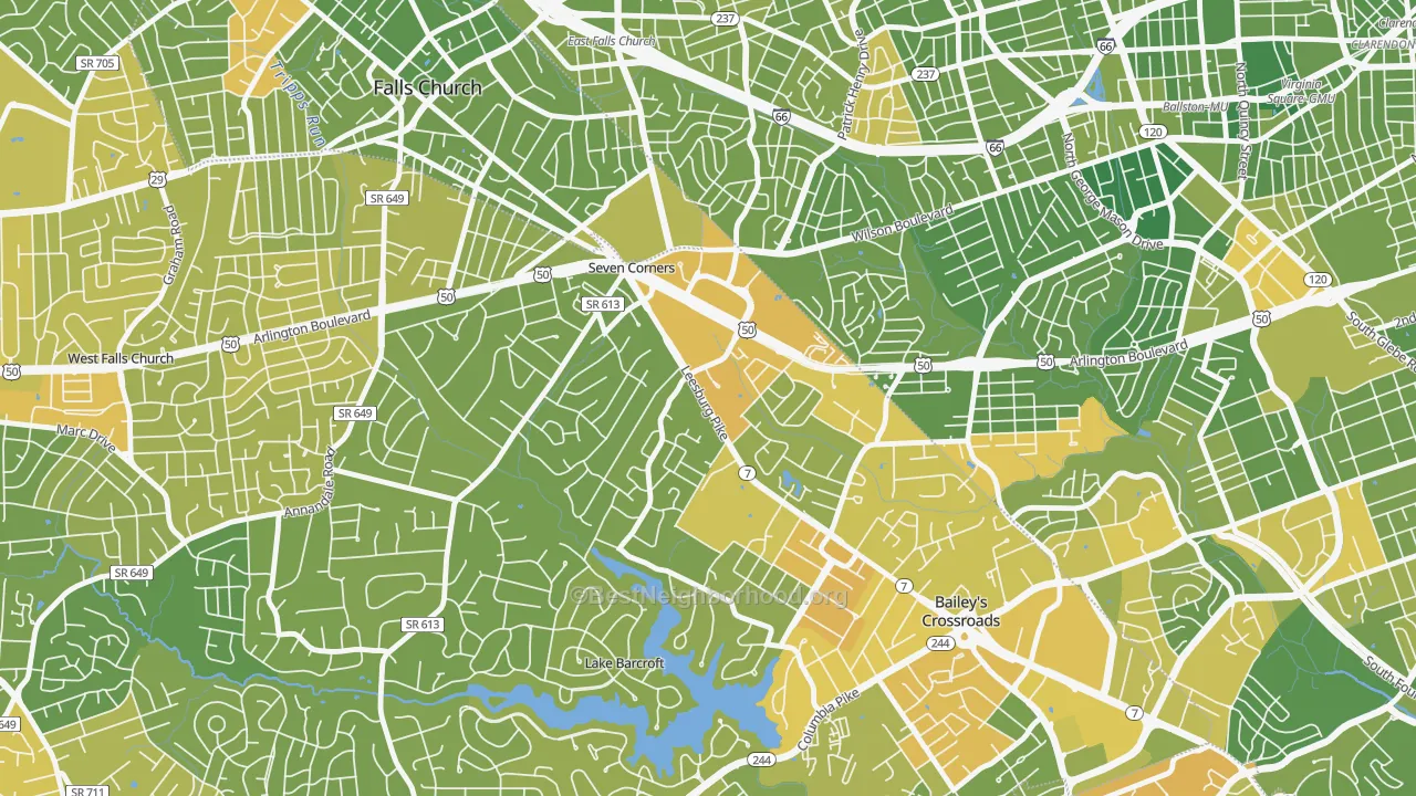 Map of the best neighborhoods in the Seven Corners area, with better matches in green and worse matches in red