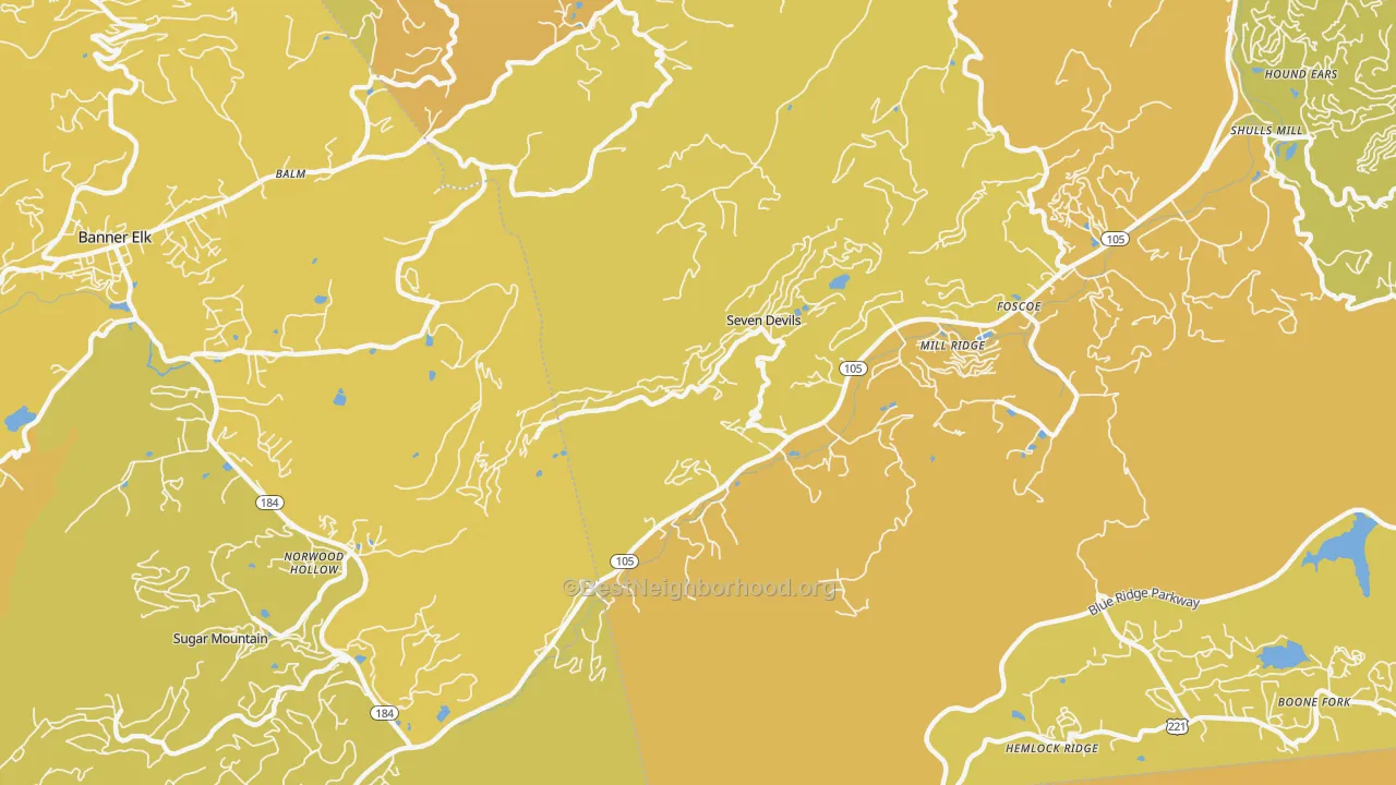 Map of the best neighborhoods in the Seven Devils area, with better matches in green and worse matches in red